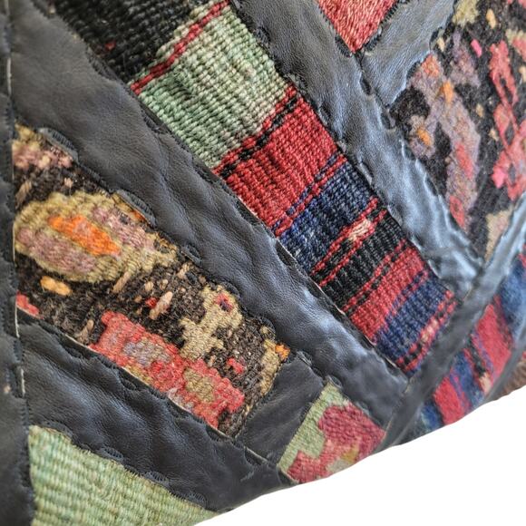 70s Vintage Boho Leather and Wool Carpet Bag Tote - Picture 4 of 10